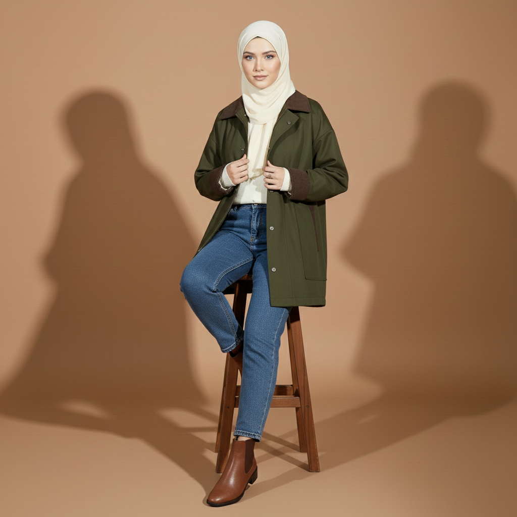 Utility jacket in olive green worn by a seated model, showing a relaxed boxy shape, corduroy collar detail, front button closure, oversized sleeves, and structured casual drape
