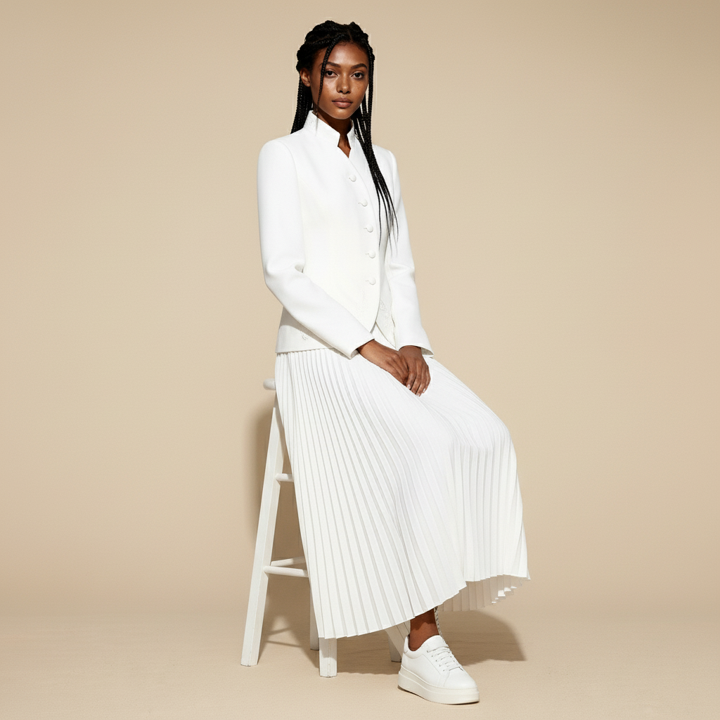 Skirt suit set in white worn by a seated model, showing a structured stand-collar jacket with button front, curved hem detailing, and a pleated full-length maxi skirt