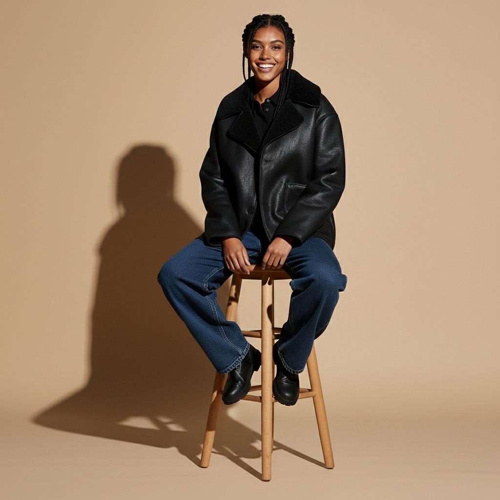Faux shearling jacket in black worn by a seated model, showing a relaxed oversized fit, soft shearling-lined collar, button fastening, long sleeves, and straight hem
