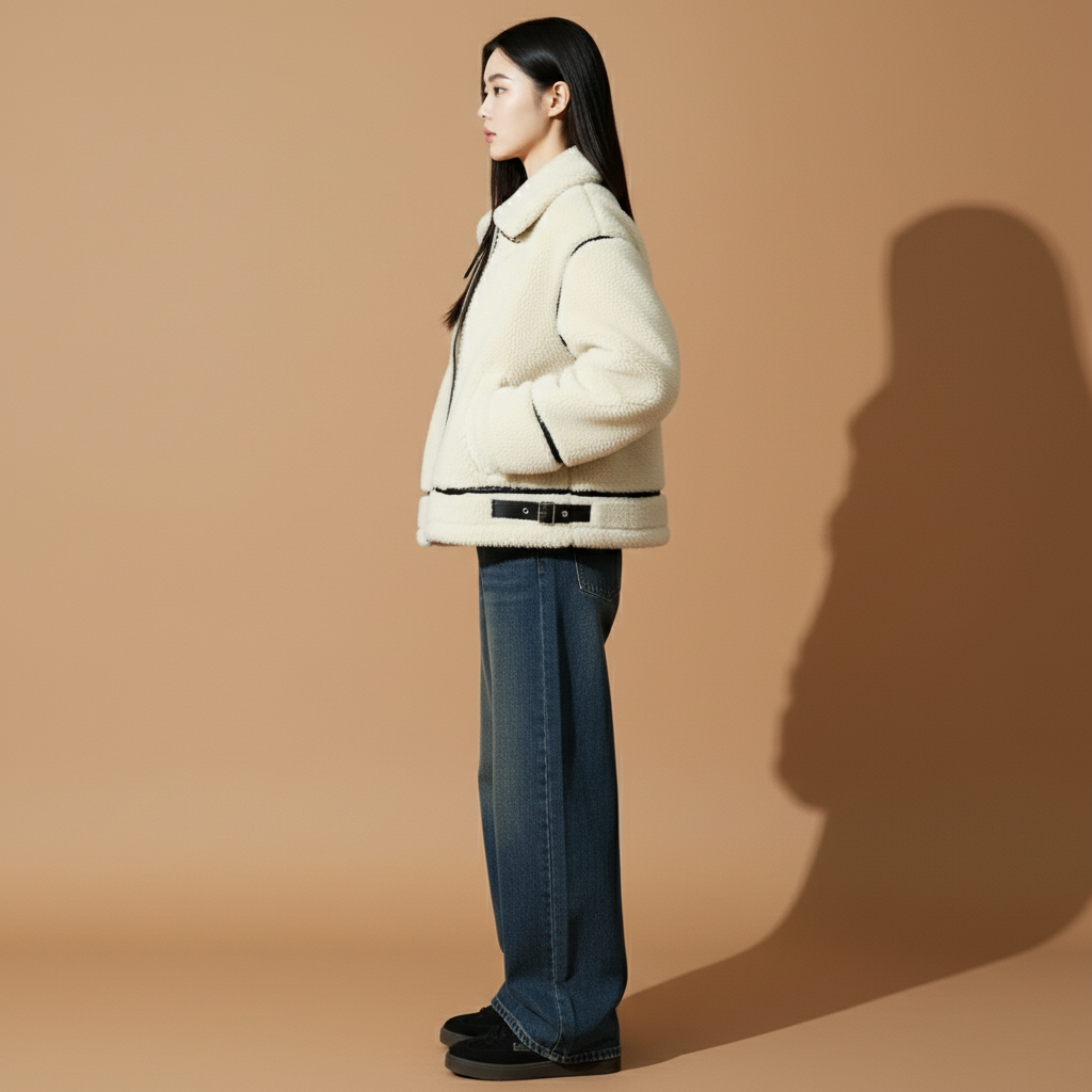 Sherpa fleece jacket in white shown in side profile, showing a relaxed oversized cut, contrast seam lines, zip closure, long sleeves, and structured fleece texture