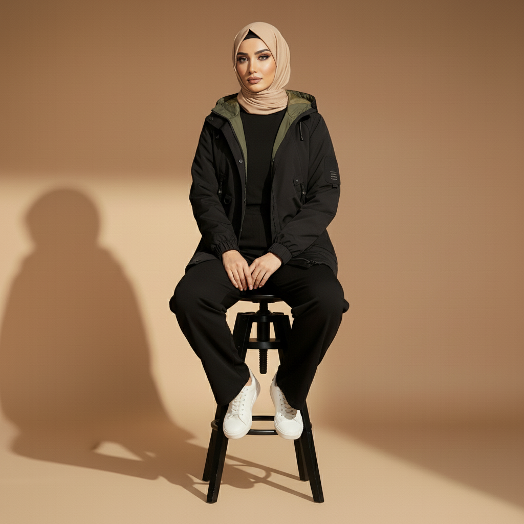 Padded waterproof jacket in black worn by a seated model, showing a relaxed oversized silhouette, hooded design, zip closure, front pockets, and gathered sleeve cuffs