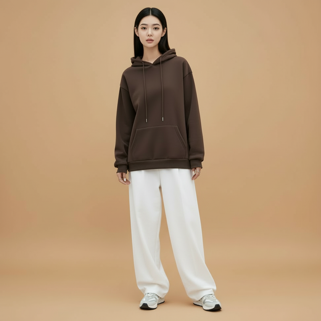 Loose fit hoodie in brown worn by a standing model, showing a loose drape, long sleeves, front hood with drawstrings, and front pouch pocket