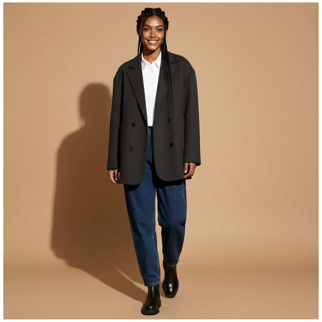 Double breasted blazer in dark Grey worn by a standing model, showing a structured oversized fit, wide lapels, double breasted button closure, long sleeves, and clean straight hem