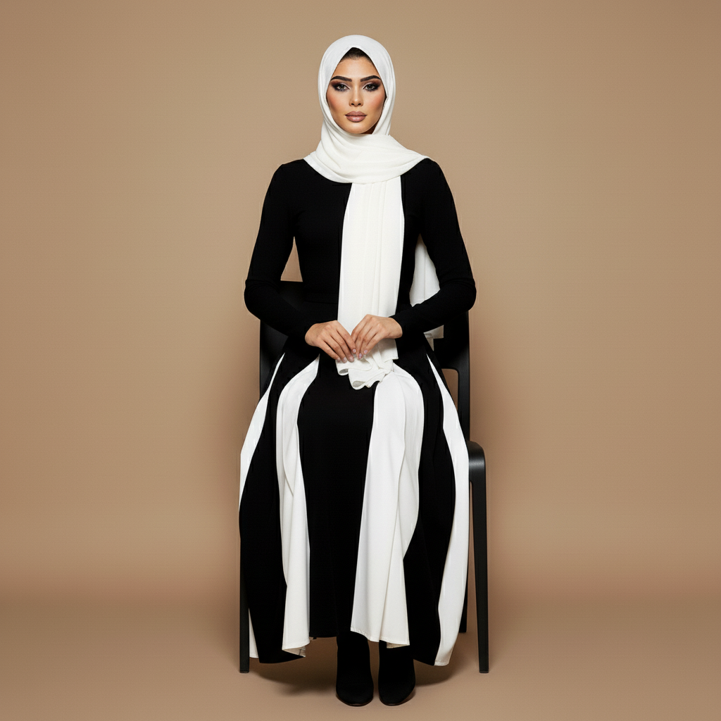 Long sleeve maxi formal dress in black and white worn by a seated hijabi model facing front, showing a high neckline, fitted bodice, full-length sleeves, contrast white panel inserts, flowing A-line skirt, and floor-length hem