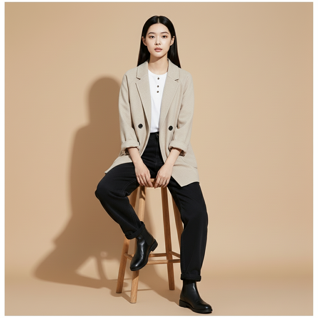 Short wool blend jacket in beige or light coffee worn by a seated model, showing a relaxed boxy shape, double-breasted button layout, wide lapels, long sleeves with folded cuffs, and clean structured drape