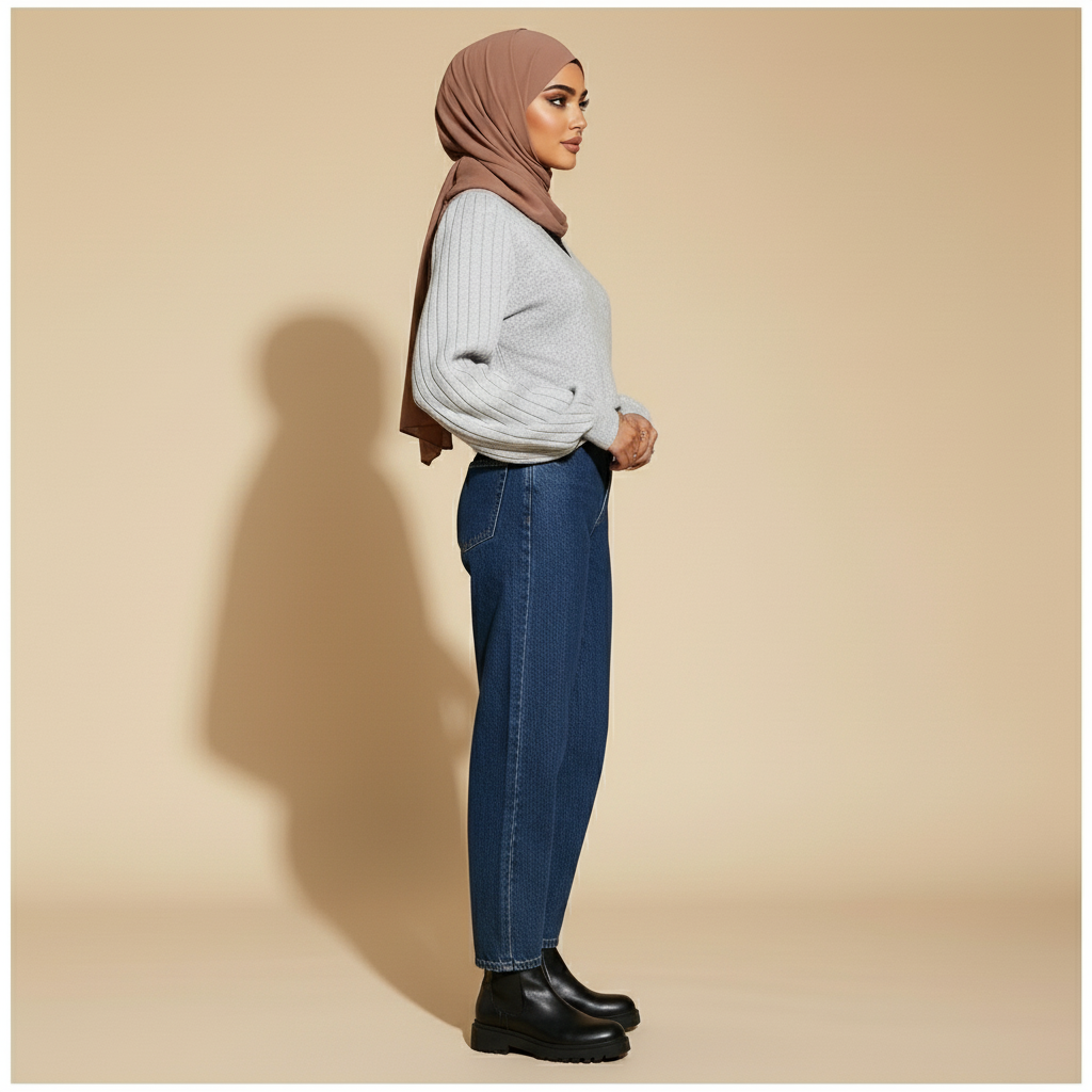 V-neck jumper with balloon sleeves in light Grey worn by a standing hijabi model in side view, showing ribbed balloon sleeves, lightweight knit fabric, straight hem, and relaxed silhouette.