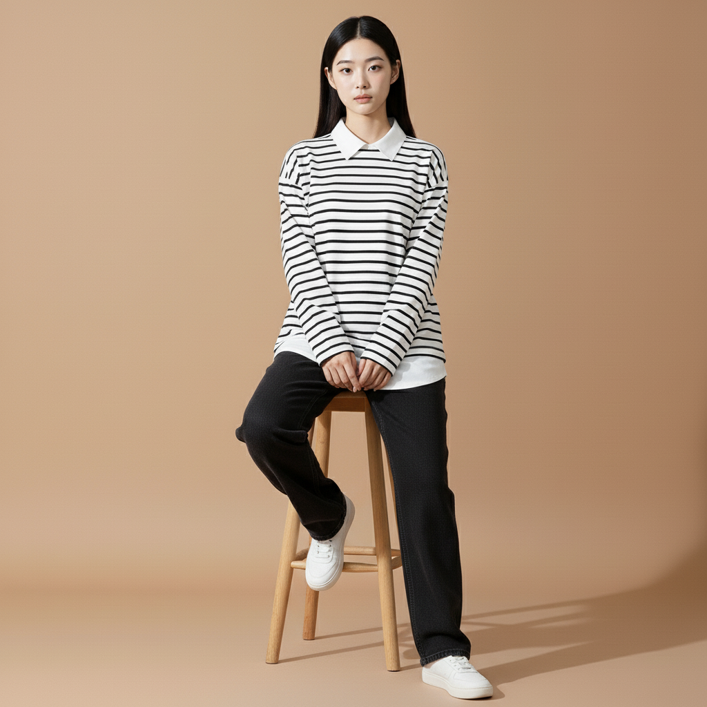 Cotton striped long sleeve shirt in white and black worn by a seated model on a stool, showing fine horizontal stripes, white collar layer, relaxed straight silhouette, straight hemline, and full-length sleeves