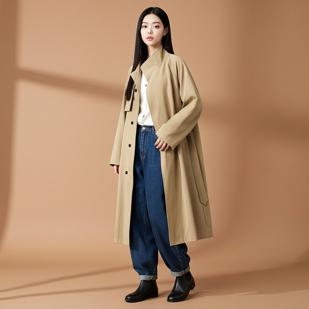 Longline trench coat in khaki worn by a standing model angled forward, showing a cinched belt detail, smooth fabric surface, structured shoulders, longline silhouette, full-length sleeves, and hem extending to mid-calf