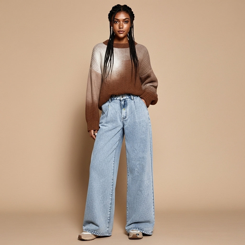 Wide leg jeans in light blue worn by a standing model facing front, showing a high waist, relaxed wide leg shape, even light blue wash, straight leg drape from hip to hem, full-length legs, and clean hem finish