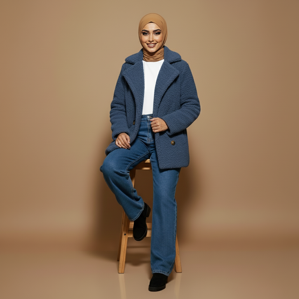 Teddy fleece jacket in navy blue worn by a seated model, showing an oversized fit, double-breasted closure, wide collar detail, long sleeves, and textured fleece surface