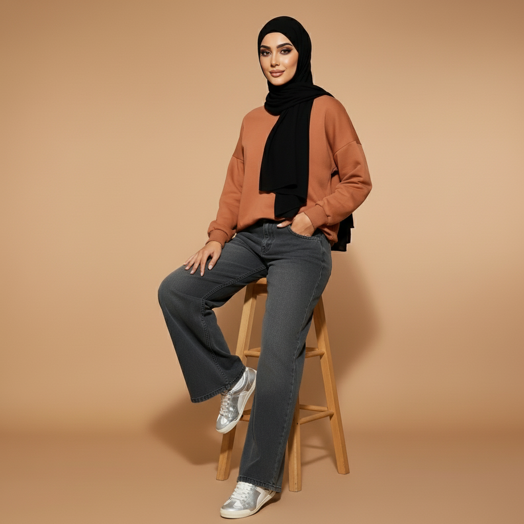 Low waist baggy jeans in dark Grey worn by a seated model facing front, showing a low-rise waist, loose wide leg shape, relaxed drape at the thighs, visible front pockets, full-length legs, and hem falling naturally over footwear