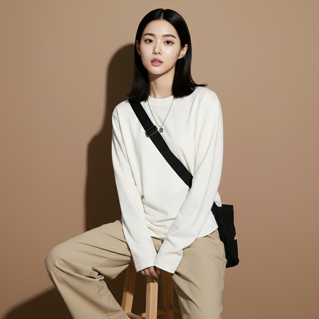 Oversized long sleeve raglan top in white worn by a seated model on a stool, showing a smooth plain front, crew neckline, relaxed oversized fit, straight hem finish, and long sleeves