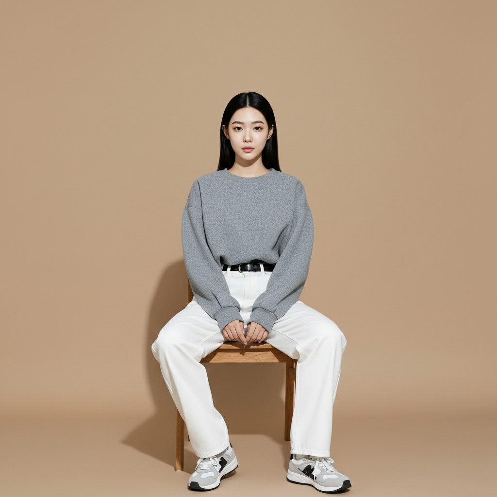 Ecru wide leg jeans in white worn by a seated model facing front, showing a high waist rise, loose wide leg shape, straight hem finish, smooth fabric surface, and full-length relaxed coverage