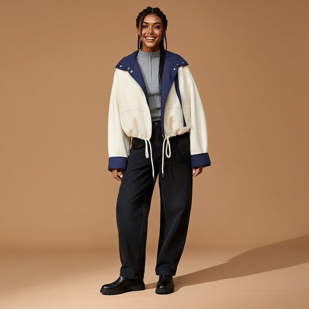 Short padded jacket in cream and navy blue worn by a standing model, showing a cropped fit, oversized hood with contrast lining, front zip closure, drawstring hem, and relaxed sleeves