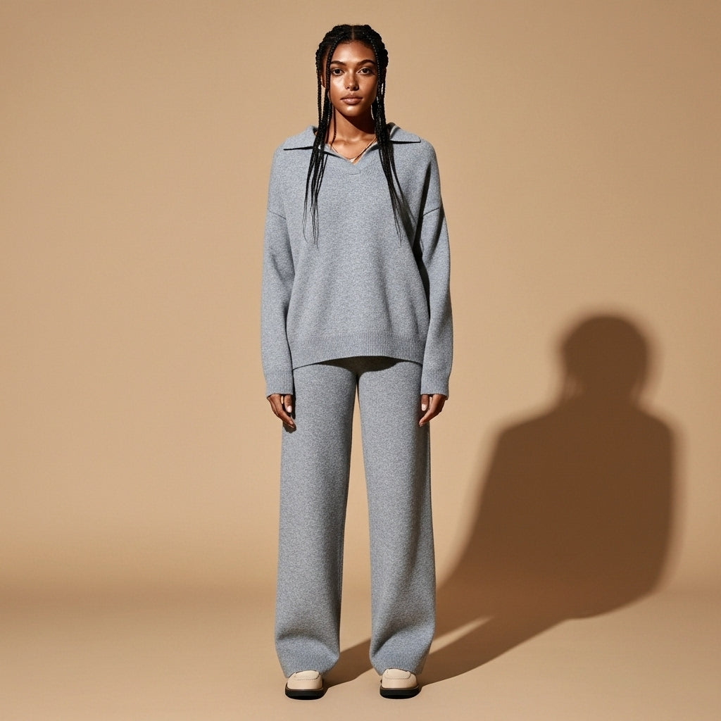 Knit co ord set in Grey worn by a standing model facing front, showing a soft polo collar neckline, relaxed straight-cut sweater body, wide leg trousers, even knit surface, full-length trousers, and hem falling to the top of the shoe
