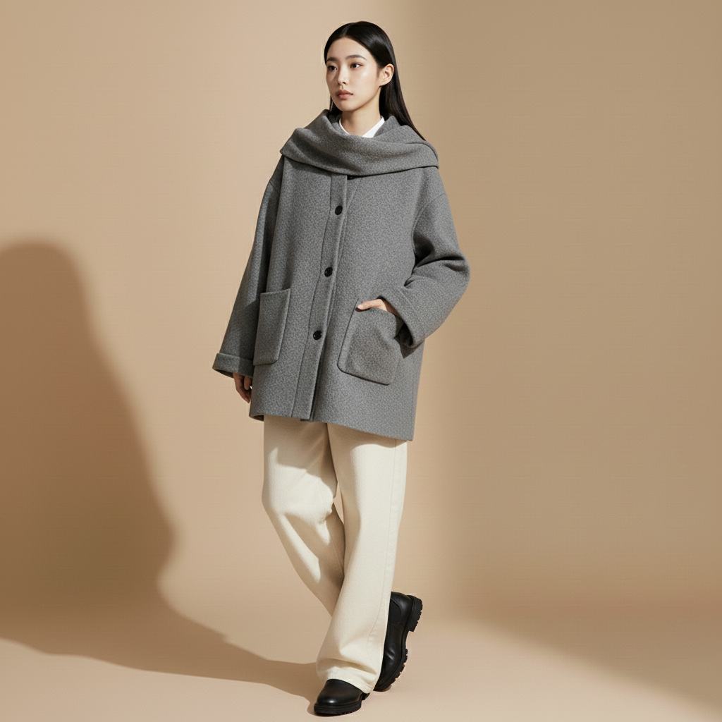Bouclé coat in khaki worn by a standing model, showing a loose oversized silhouette, front button closure, scarf draped around the collar, long sleeves, and clean straight hem
