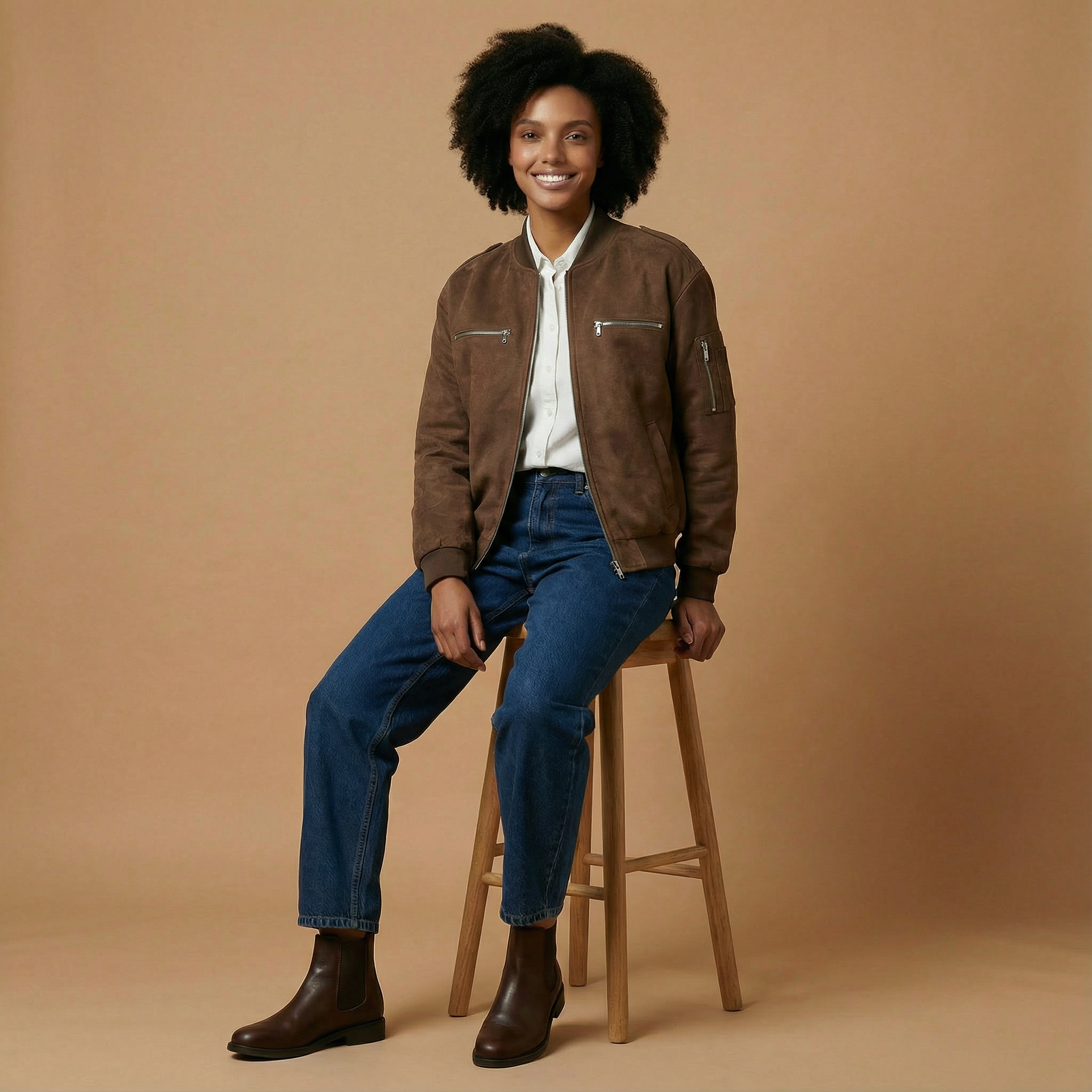 Faux leather bomber jacket in brown worn by a seated model facing front, showing a zip-up front, ribbed collar, ribbed cuffs, ribbed hem, zip chest pockets, relaxed sleeve structure, and a smooth matte surface layered over a light shirt and denim