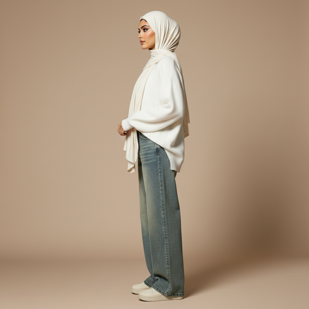 Vintage wash wide leg jeans in faded blue worn by a standing hijabi model in side profile, showing a high waist, straight wide-leg structure, full-length hem, clean side seam, and vintage washed denim texture