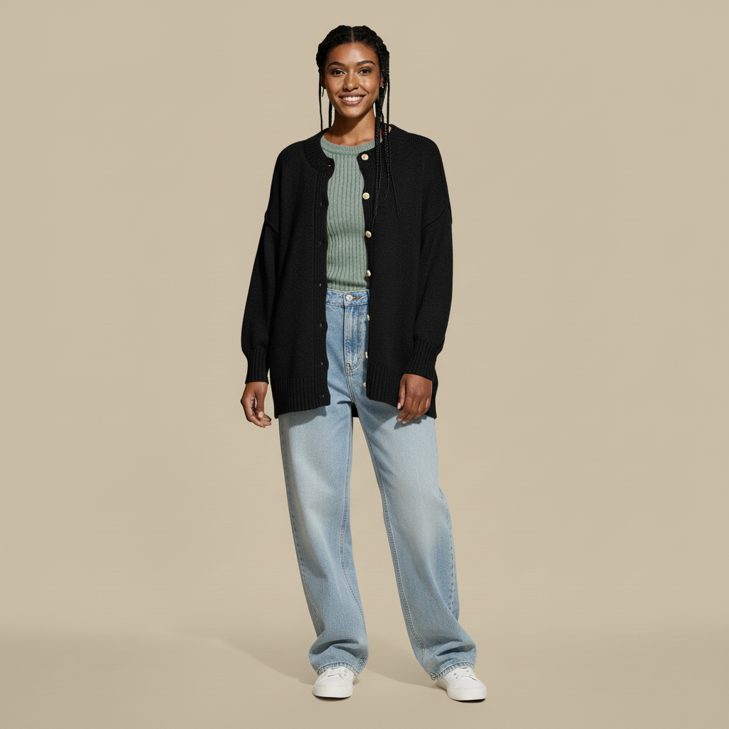 Oversized knit cardigan in black worn by a standing model, showing a loose drape, wide sleeves, and buttoned front