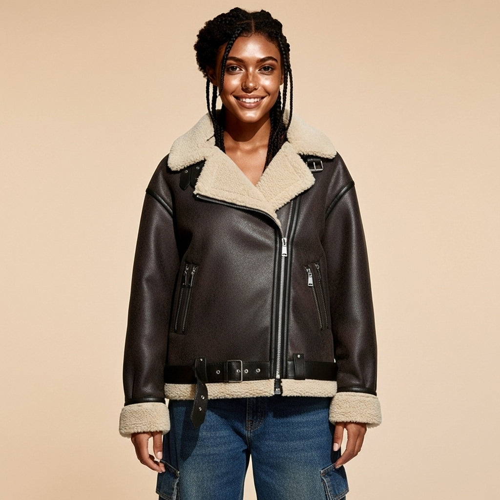 Leather aviator jacket in dark brown worn by a standing model, showing a relaxed oversized fit, faux shearling lining, zip fastening, front zip pockets, belted hem, and straight cropped length