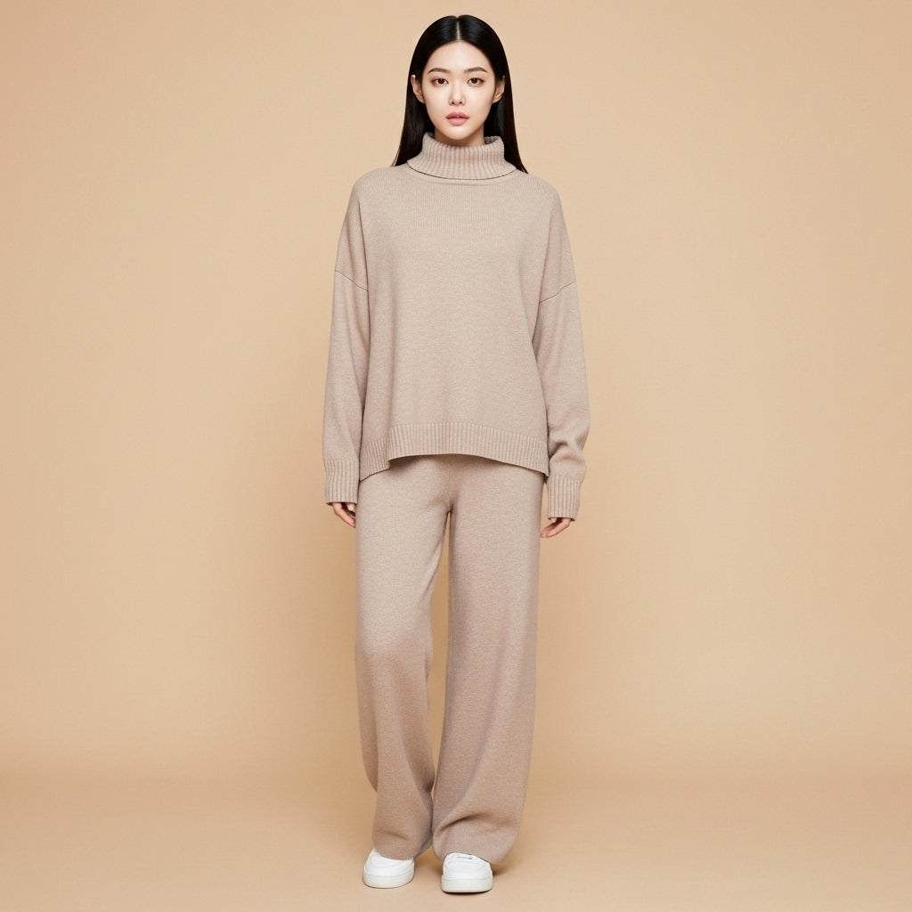 Wide-leg knit co-ord set in camel worn by a standing model facing front, showing a ribbed high-neck pullover, loose relaxed fit through the body, wide-leg trousers with straight drape, full-length legs, and hem falling over footwear