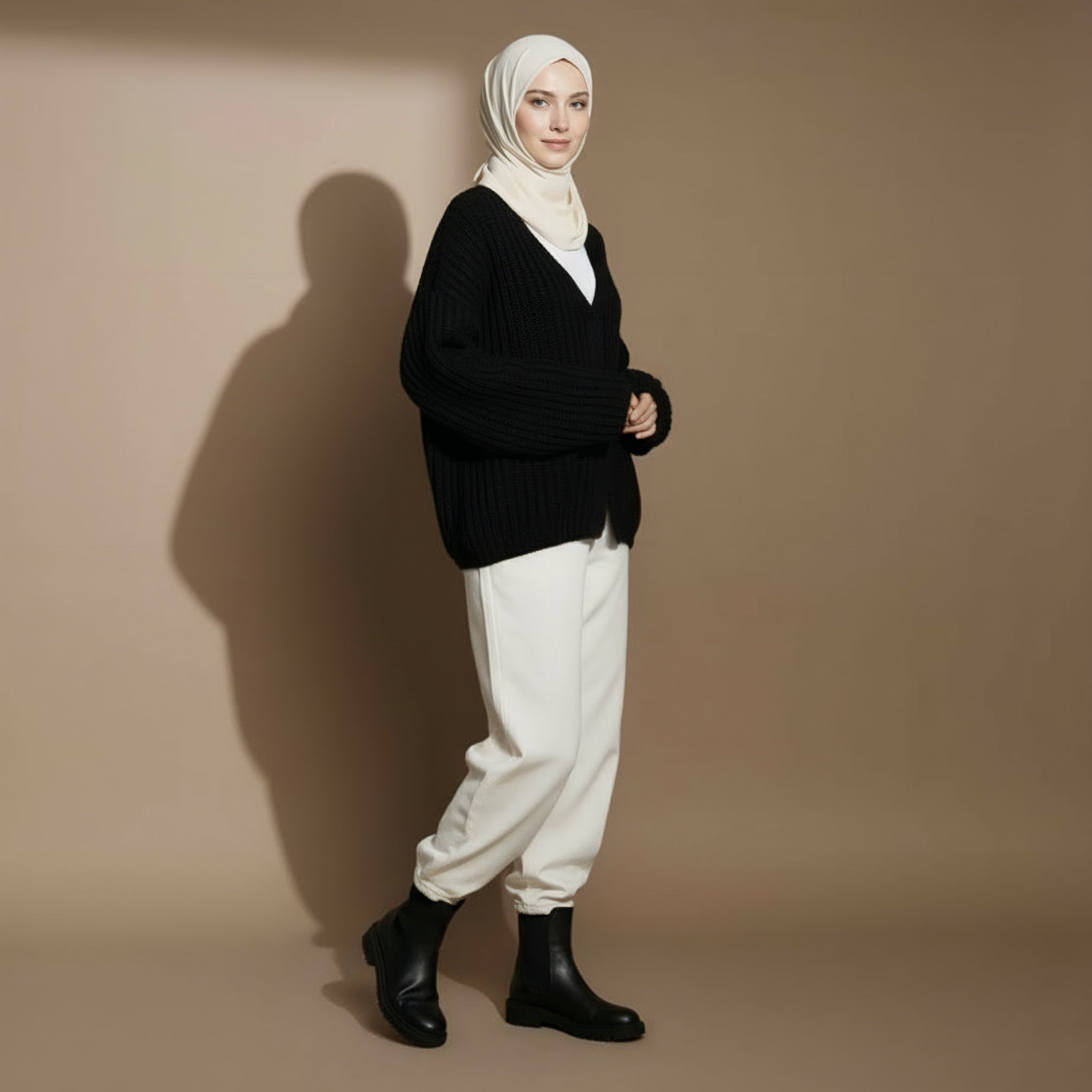 Oversize knit cardigan in black worn by a standing model, showing a loose silhouette, chunky knit texture, open-front design, and wide sleeves