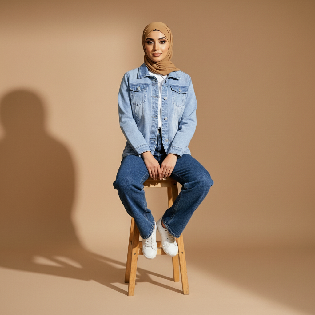 Denim jacket in light blue worn by a seated model, showing a relaxed straight silhouette, single-breasted button closure, turn-down collar, chest pockets, long sleeves, and clean structured finish