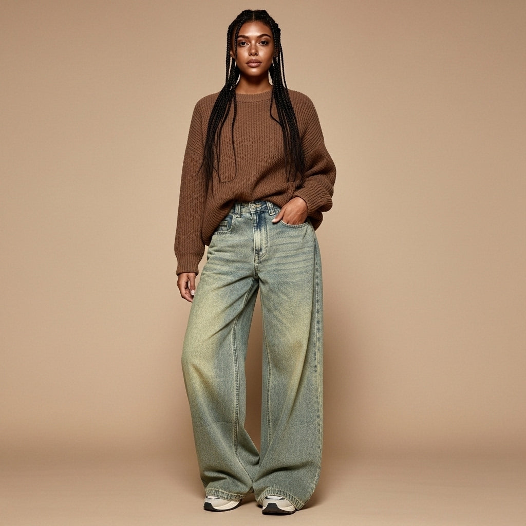 Vintage washed wide leg jeans in faded green-Grey worn by a standing model facing front, showing a high-waist rise, straight wide leg silhouette, loose relaxed fit, visible fly and pocket detailing, and full-length hem covering the tops of trainers