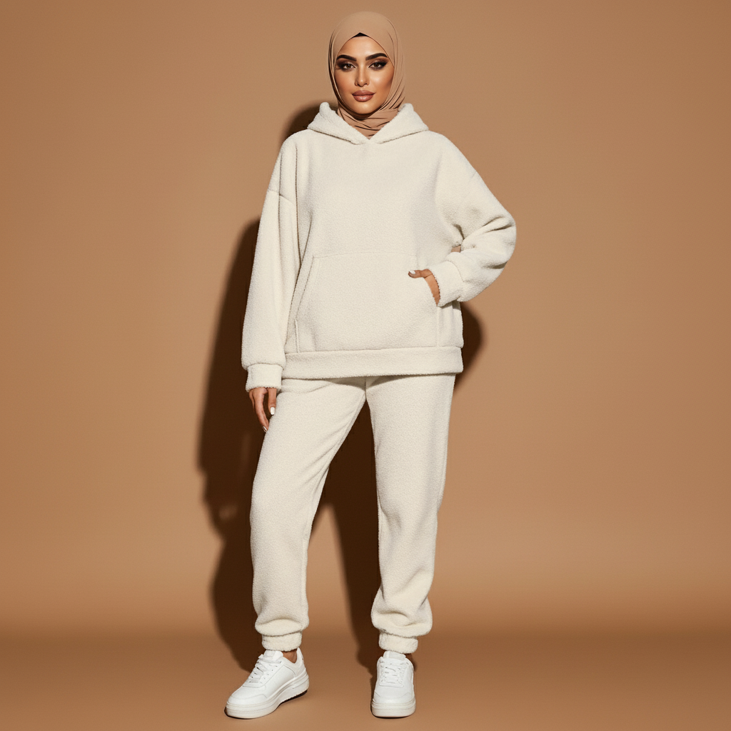 Co-ord loungewear set in apricot worn by a standing hijabi model facing front, showing an oversized fleece hoodie with a relaxed hood, long loose sleeves, kangaroo pocket, matching joggers with elasticated cuffs, full-length legs, and clean straight drape over trainers