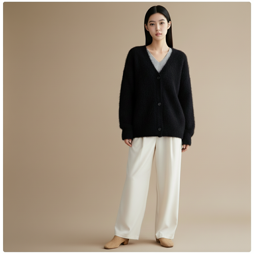 Oversized fluffy knit cardigan in black worn by a standing model, showing a loose silhouette, fuzzy knit surface, v-neck opening, and button-down front