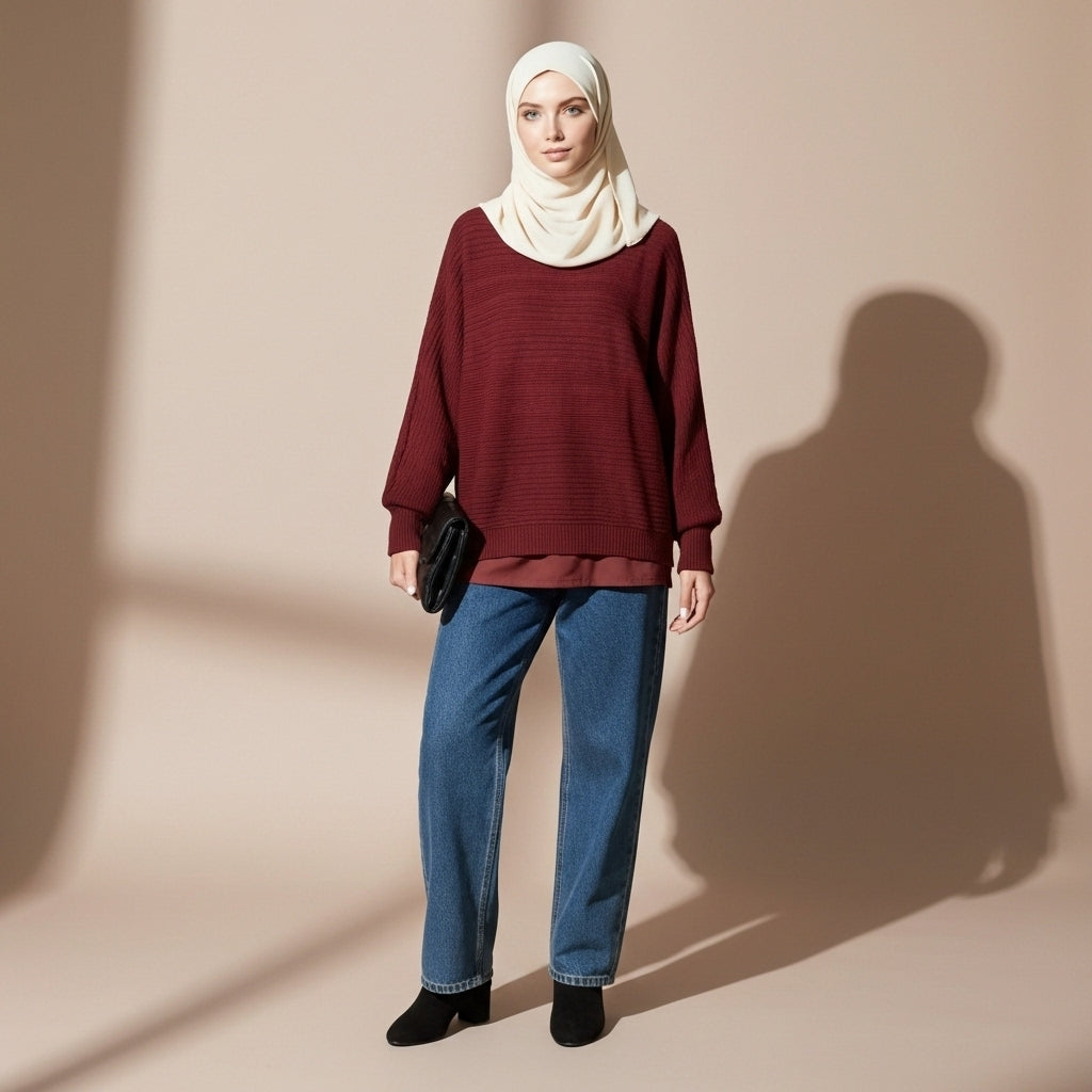 Crewneck knit jumper in red worn by a standing hijabi model in front view, showing a relaxed silhouette, long sleeves, ribbed cuffs, and horizontal knit texture.
