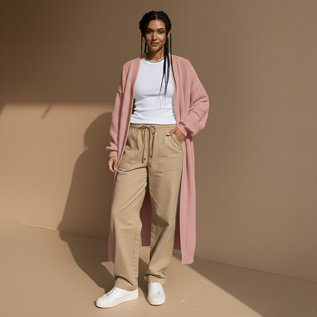Longline knit cardigan in pink worn by a standing model, showing an open-front design, loose oversized drape, extended length, and soft knit texture