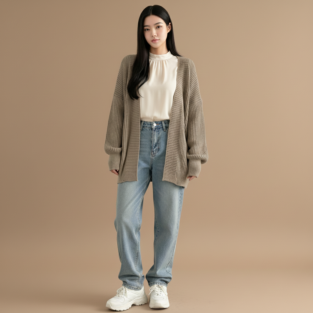 Oversized knit cardigan in beige worn by a standing model, showing a straight fit, wide sleeves, and textured knit finish