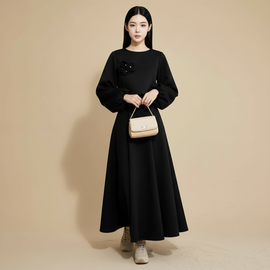 Skirt co-ord set in black worn by a standing model, showing a flared maxi skirt, long balloon sleeves, cropped top length, round neckline, and floral embellishment at the chest