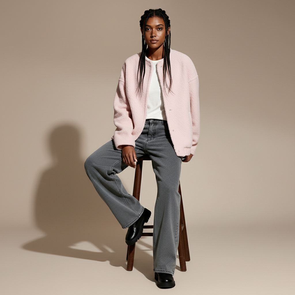 Boucle jacket in soft pink worn by a seated model, showing an oversized boxy shape, textured boucle surface, front button closure, long sleeves, and relaxed fit