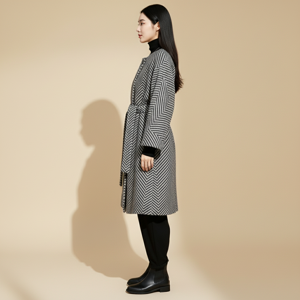 Herringbone flare coat in black and white worn by a standing model in side profile, showing a belted waistline, flared skirt shape, straight shoulder line, wide sleeve opening, knee-length silhouette, and clearly defined chevron herringbone weave