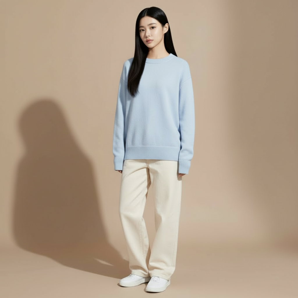 Oversized crewneck jumper in light blue worn by a standing model, showing a relaxed silhouette, long sleeves, and ribbed cuffs