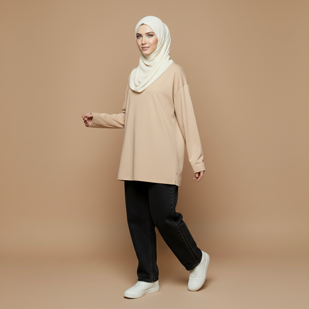 Oversized long sleeve cotton t-shirt in apricot worn by a standing hijabi model in side profile while walking, showing a loose fit shape, straight hem finish, long sleeves, dropped shoulders, and smooth minimal drape