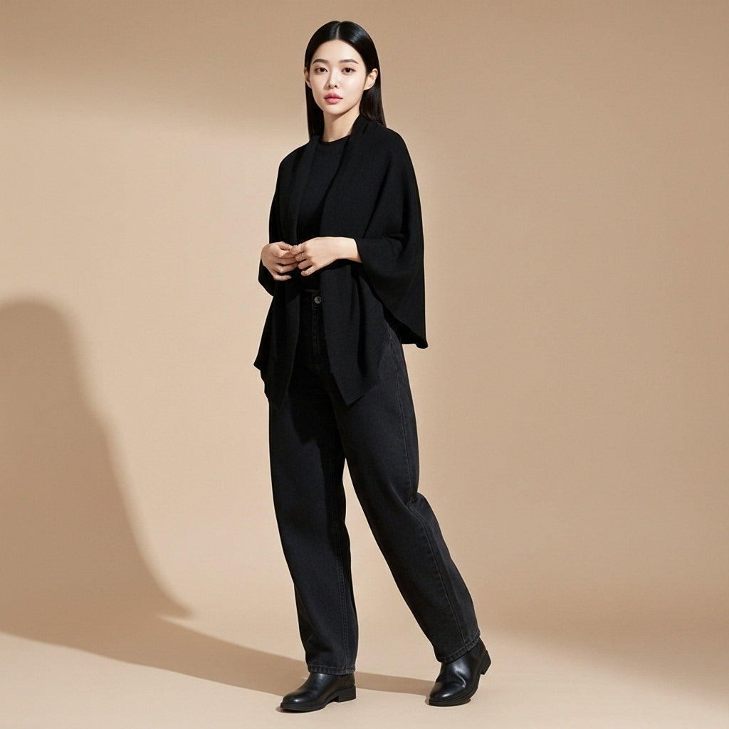 Knitted shawl cardigan in black worn by a standing model, showing an open-front design, wide flowing sleeves, and clean minimal drape