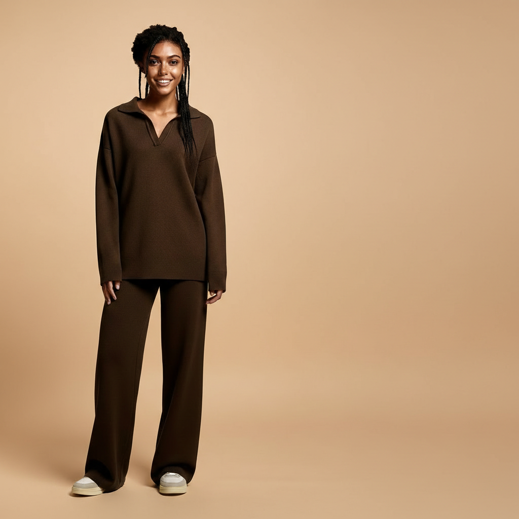 Wide leg tracksuit set in brown worn by a standing model facing front, showing a relaxed sweatshirt top with open neckline, long sleeves, straight cut body, matching wide leg joggers with full-length legs, smooth knit finish, and hem falling naturally over footwear