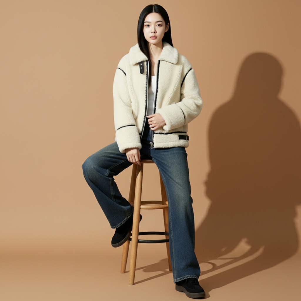 Sherpa fleece jacket in white worn by a seated model, showing an oversized fit, contrast black seams, zip-up front, long sleeves, and soft sherpa surface