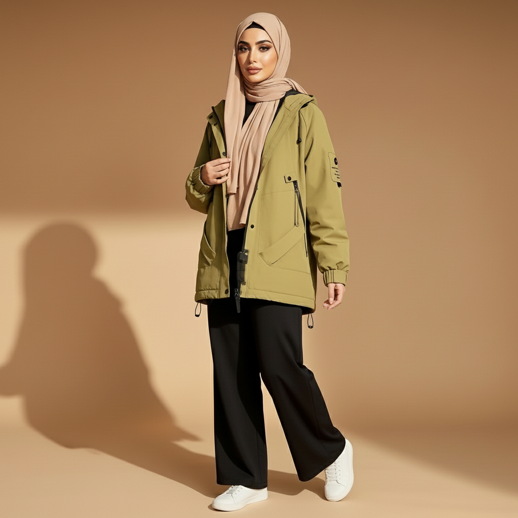 Padded waterproof jacket in army green worn by a standing model, showing a straight modest cut, large hood, zip front fastening, utility pocket detailing, and hip-length hem