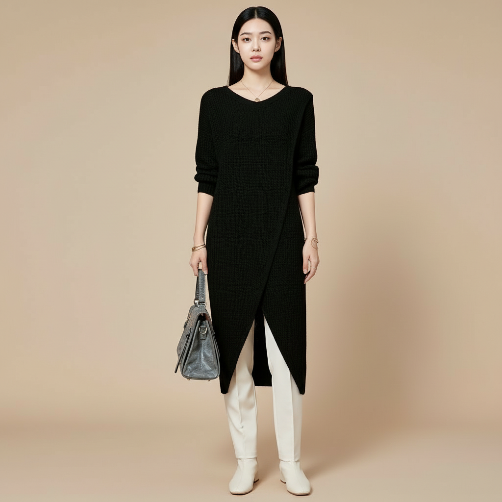 Asymmetric knit jumper dress in black worn by a standing model facing front, showing a round neckline, diagonal wrap-style overlay, textured knit finish, long sleeves, straight relaxed silhouette, and midi-length hem