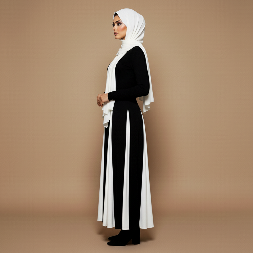 Long sleeve maxi formal dress in black and white worn by a standing hijabi model in side profile, showing a high neckline, fitted bodice, full-length sleeves, contrast white panel inserts, flowing A-line skirt, and floor-length hem
