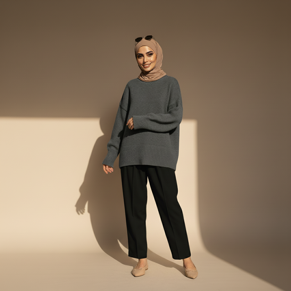 Crewneck jumper in gray worn by a standing hijabi model, showing a relaxed silhouette, long sleeves, and ribbed hem