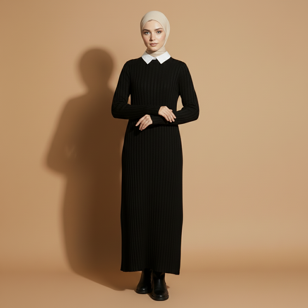 Rib knit maxi dress in black worn by a seated hijabi model facing front, showing a crew neckline, long fitted sleeves, vertical ribbed texture, straight column silhouette, and floor-length hem