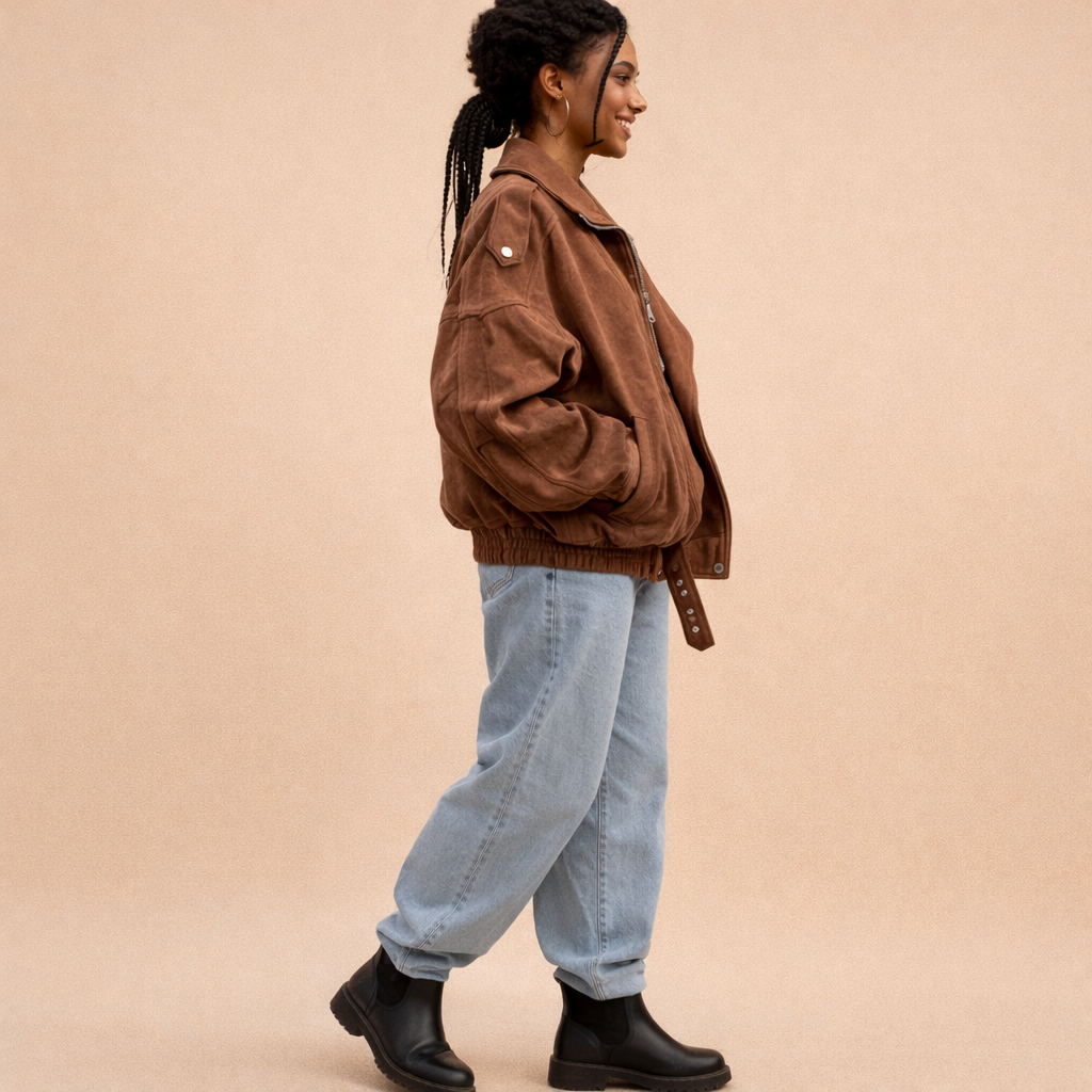 Faux suede jacket in warm brown worn by a standing model in side profile, showing a cropped hemline, structured shoulder shape, wide lapel edge, zip-front closure, clean side seam, and soft suede drape at the sleeves