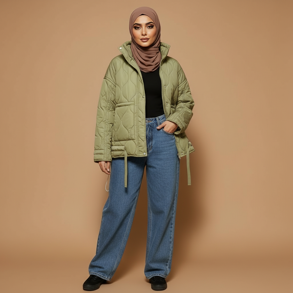 Quilted jacket in olive green worn by a standing hijabi model facing front, showing a padded quilted surface, stand collar detail, relaxed boxy silhouette, long sleeves, front snap closure, adjustable drawstring tabs at the hem, and hip-length cut