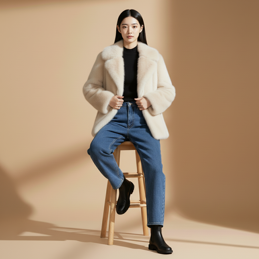 Faux fur jacket in white worn by a seated model, showing an oversized fit, wide notched collar, plush faux fur surface, long sleeves, and clean structured finish