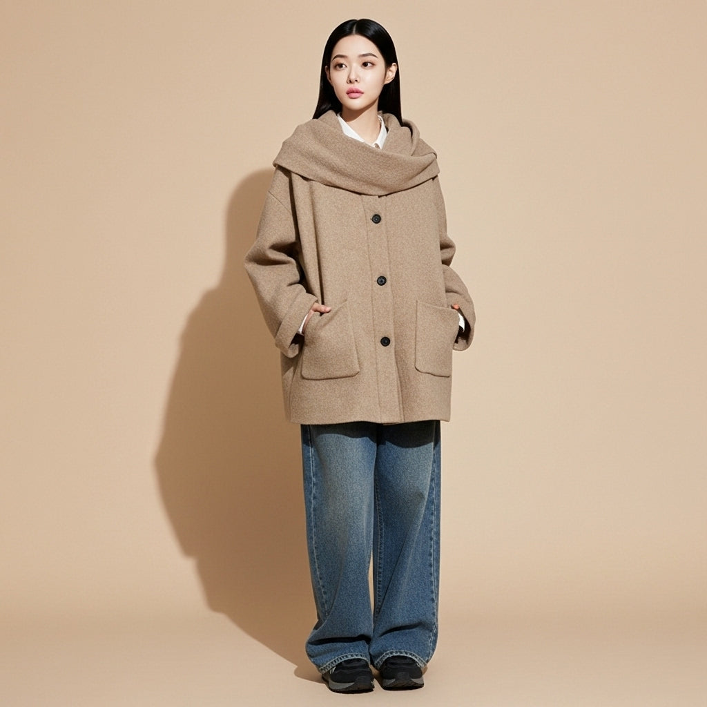 Bouclé coat in brown worn by a standing model, showing an oversized shape, button-up front, matching scarf wrapped at the neck, long sleeves, and front patch pockets